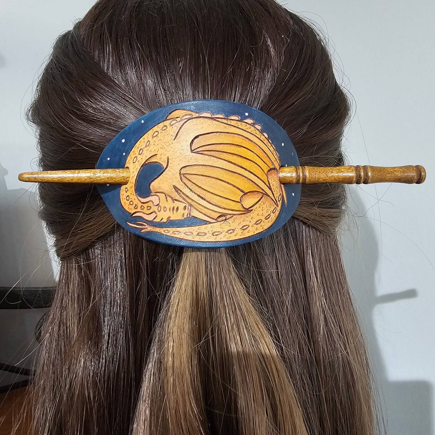 Sleeping Dragon hand made Leather hair barrette.