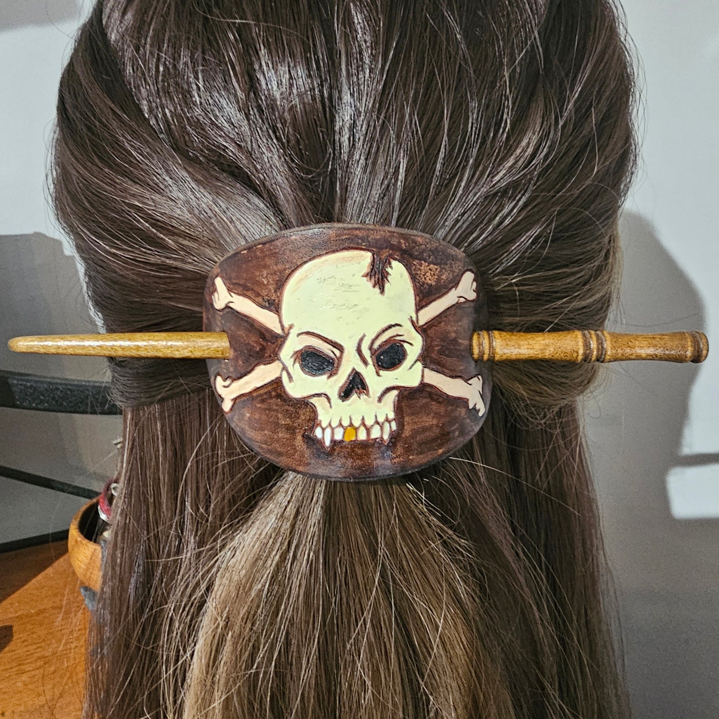 Skull and Cross bones Leather Hair Barrette