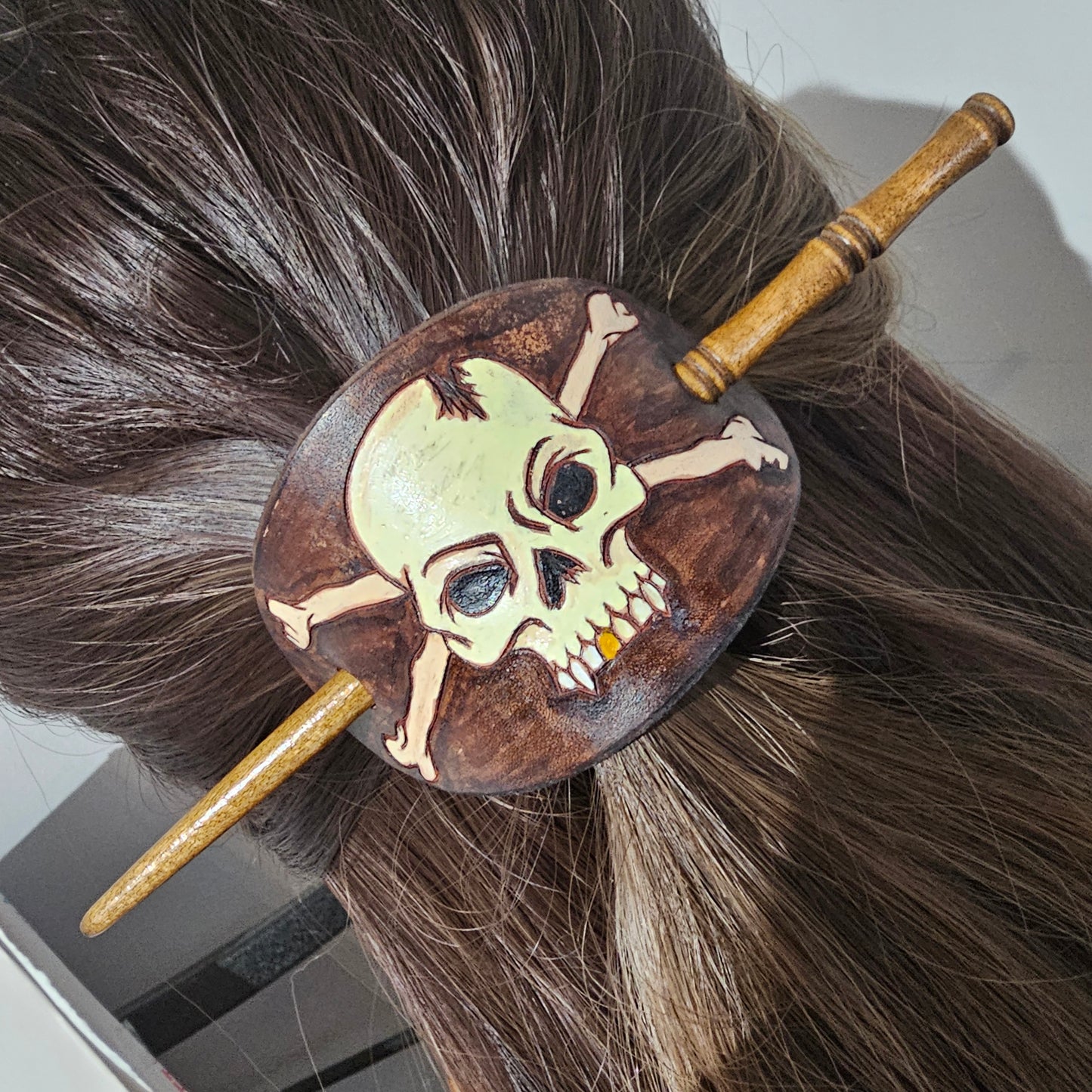 Skull and Cross bones Leather Hair Barrette