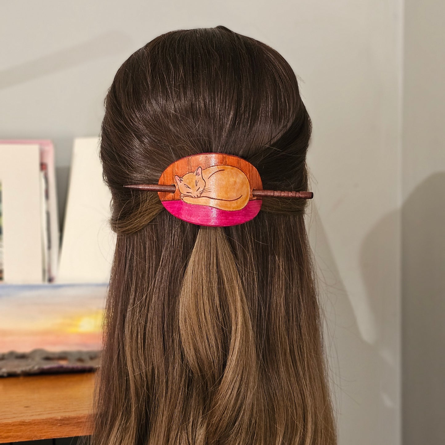 Sleeping Kitty Cat Leather Hair Barrette