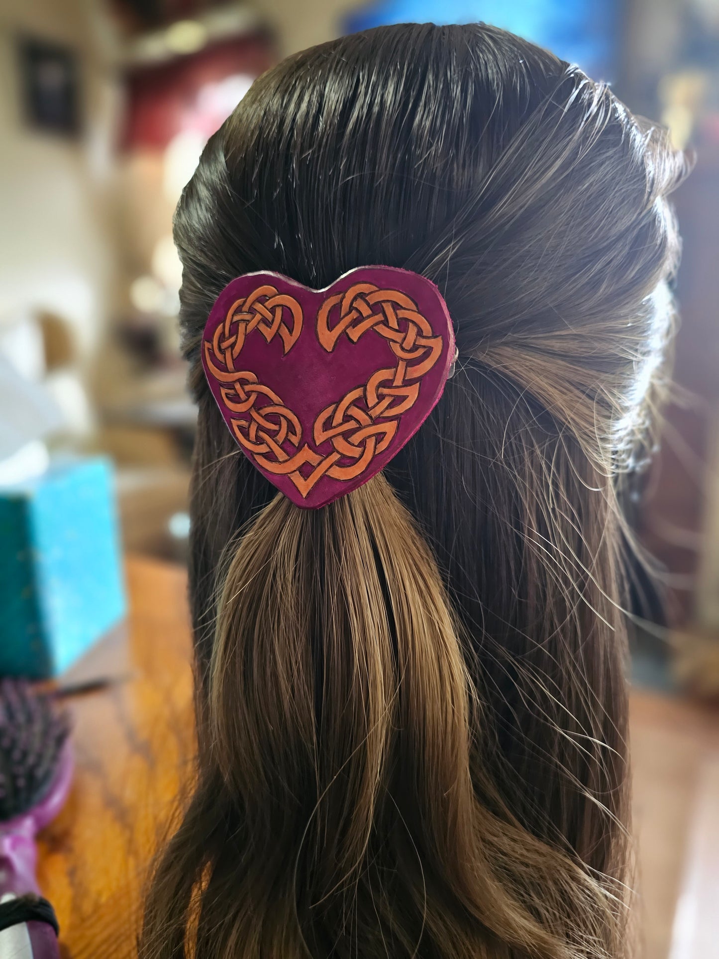 Celtic Heart Leather Hair Barrette