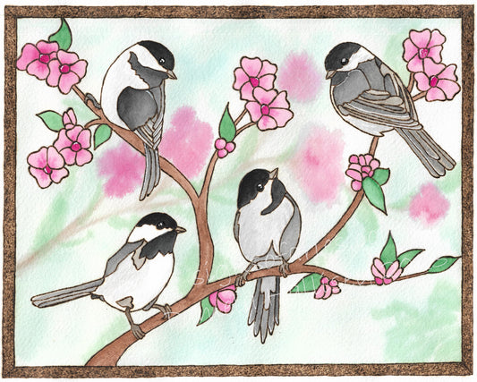 ORIGINAL "Morning Huddle" Black Capped Chickadee Art