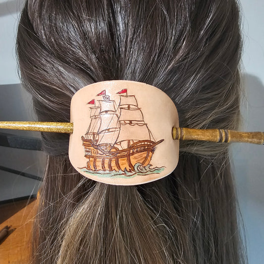 Pirate Ship Leather Hair Barrette