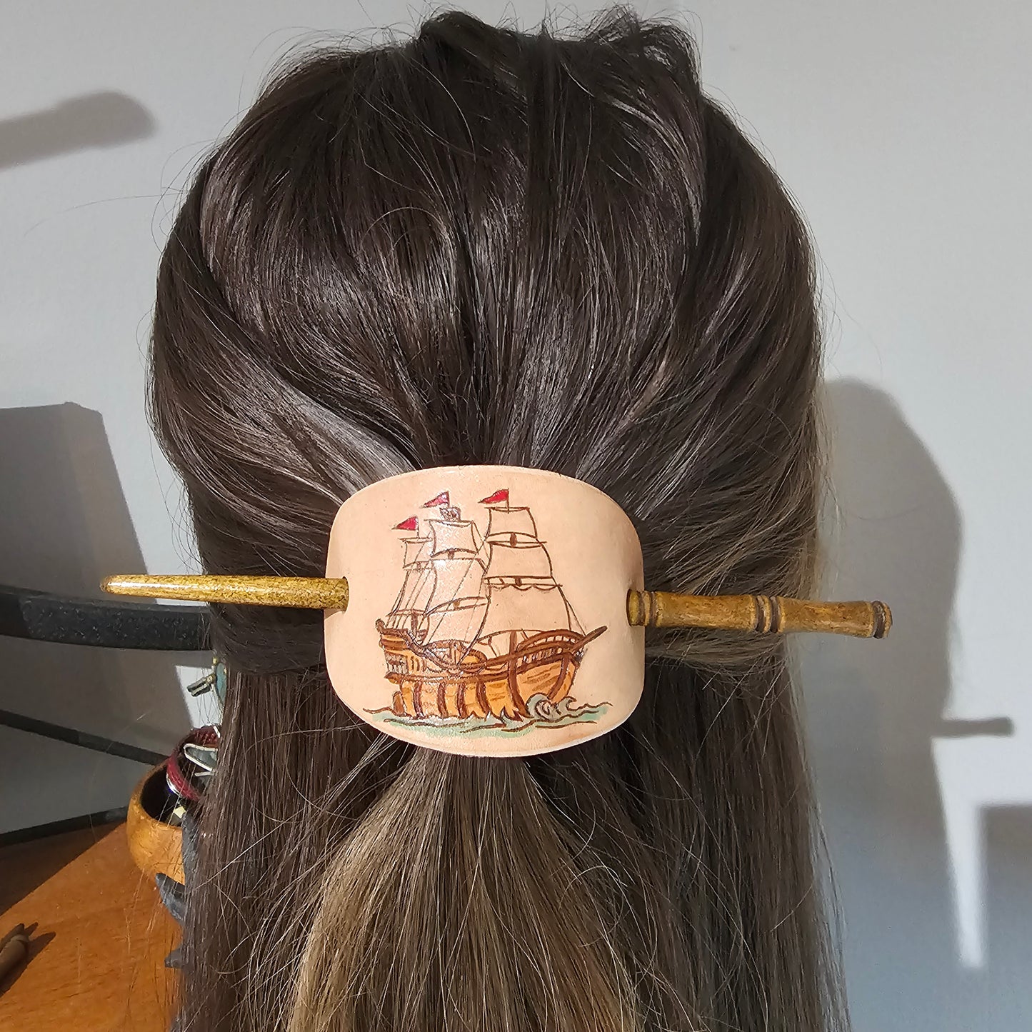 Pirate Ship Leather Hair Barrette