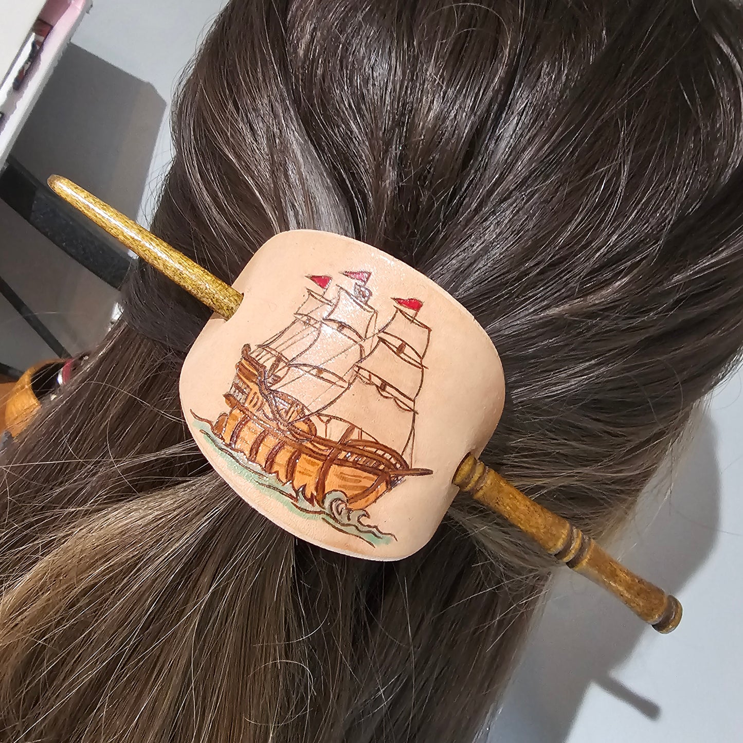 Pirate Ship Leather Hair Barrette