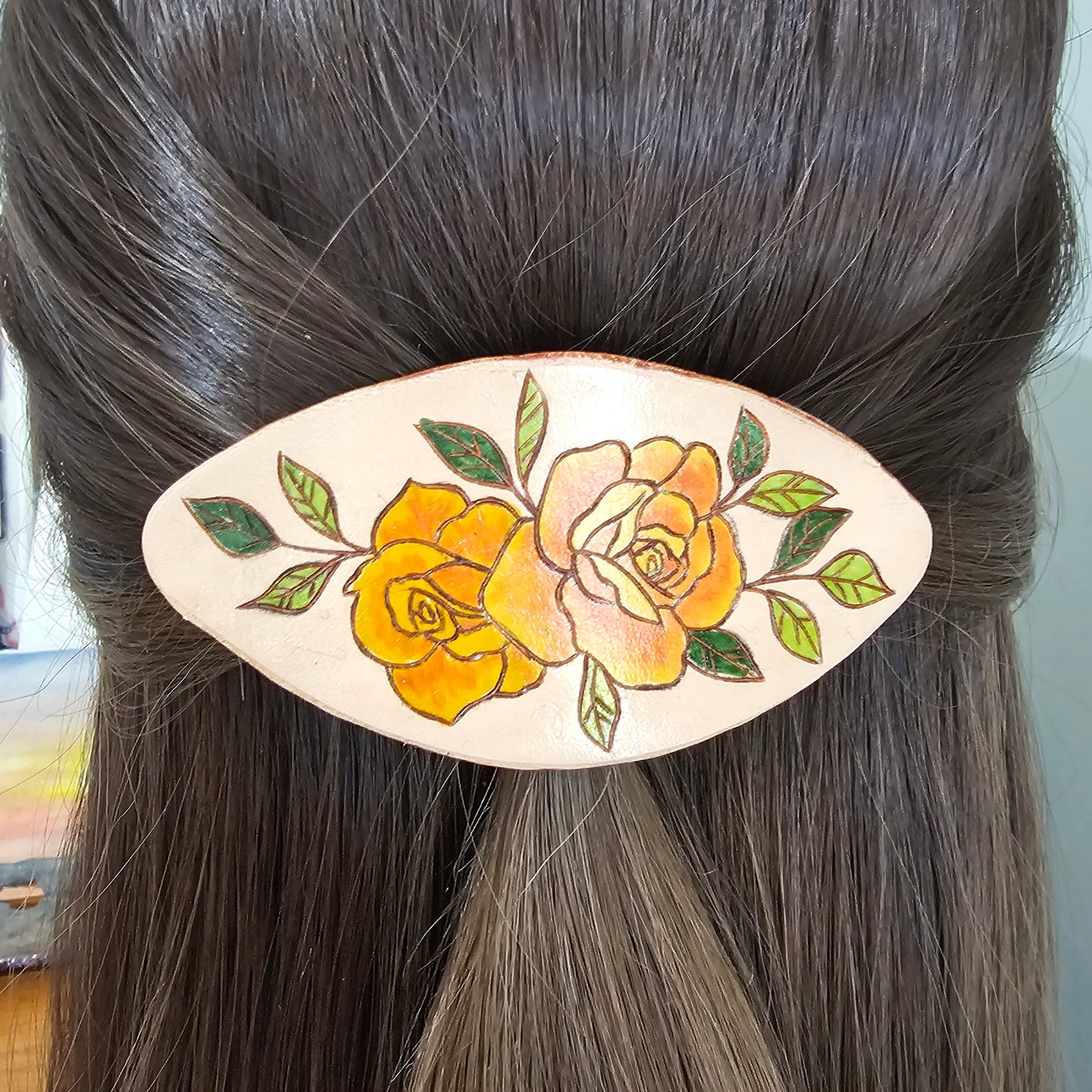 Orange Roses Leather Hair Clip