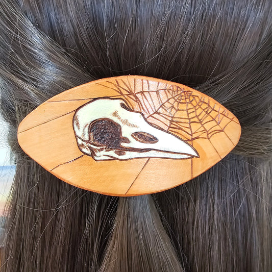 Raven skull with spiderweb Leather Hair Clip