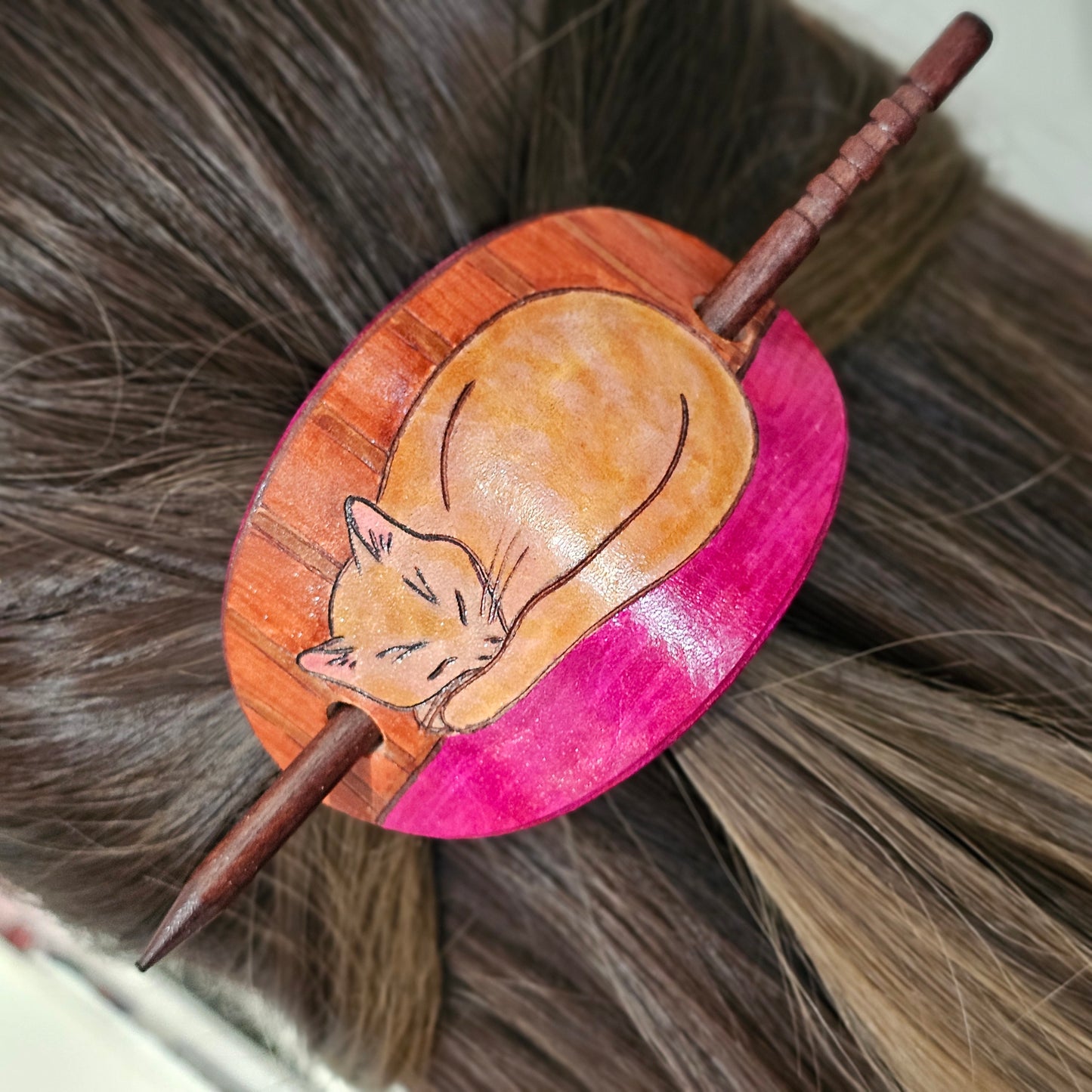 Sleeping Kitty Cat Leather Hair Barrette