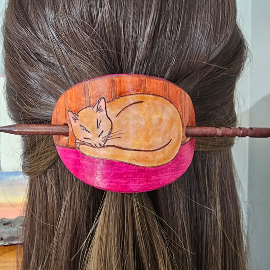 Sleeping Kitty Cat Leather Hair Barrette