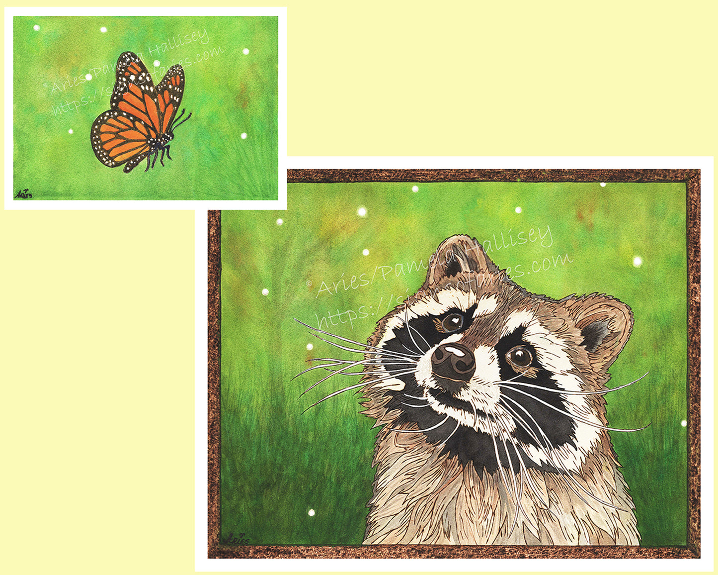 "Gazing at Beauty" Original Raccoon and Monarch Companion Art