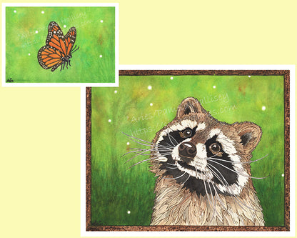 "Gazing at Beauty" Original Raccoon and Monarch Companion Art