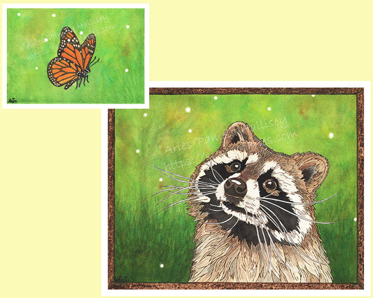 "Gazing at Beauty" Original Raccoon and Monarch Companion Art