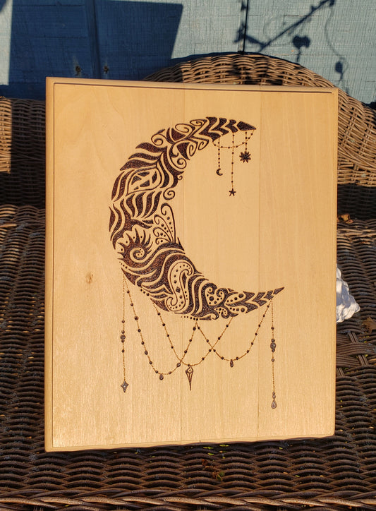 "Moon Doodle" Wood burned Plaque
