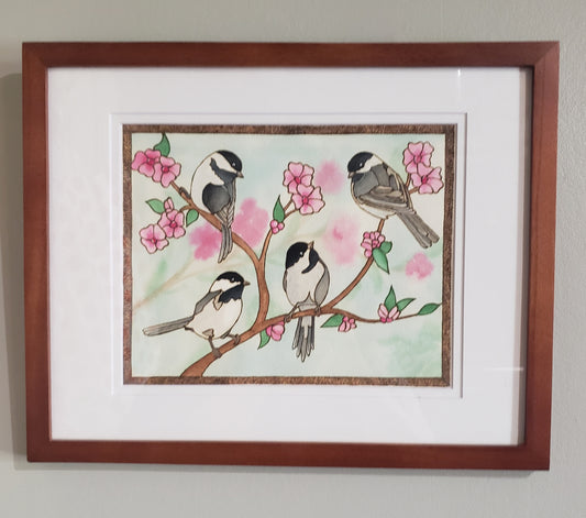 ORIGINAL "Morning Huddle" Black Capped Chickadee Art